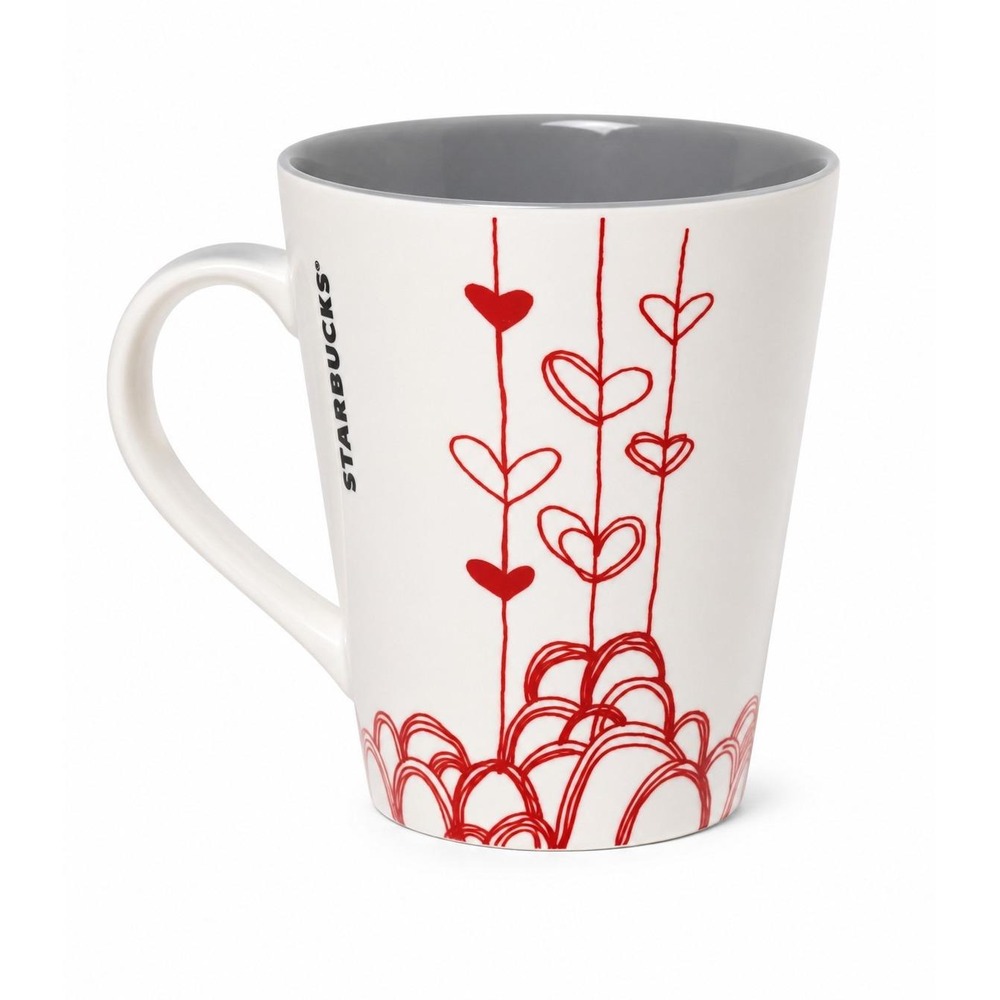 Starbucks 2014 White Red Heart Vine Ceramic Coffee Mug 10 Oz Valentine's Cup